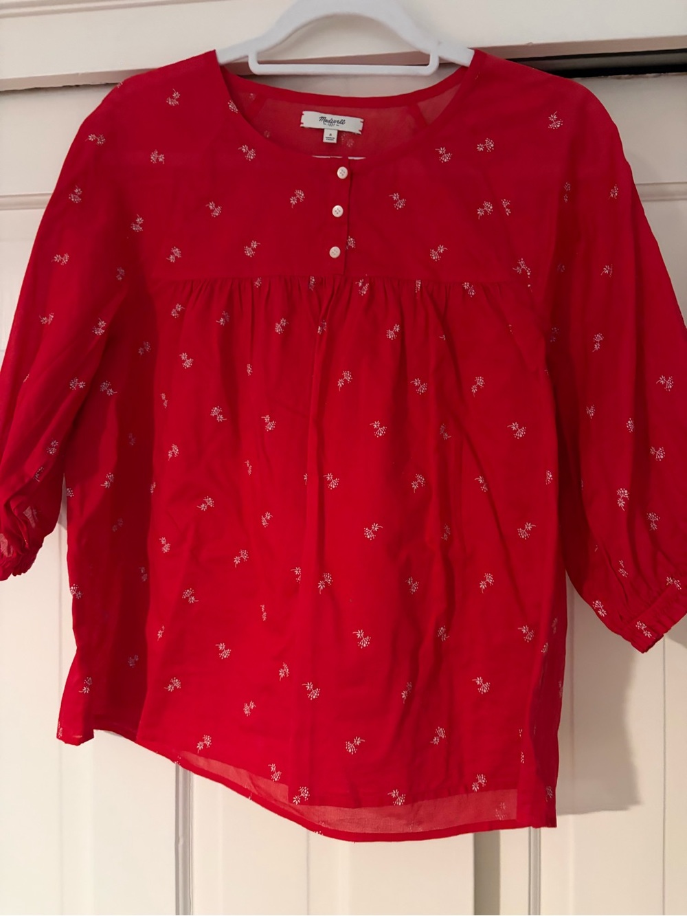 Madewell red floral blouse with pintuck yoke